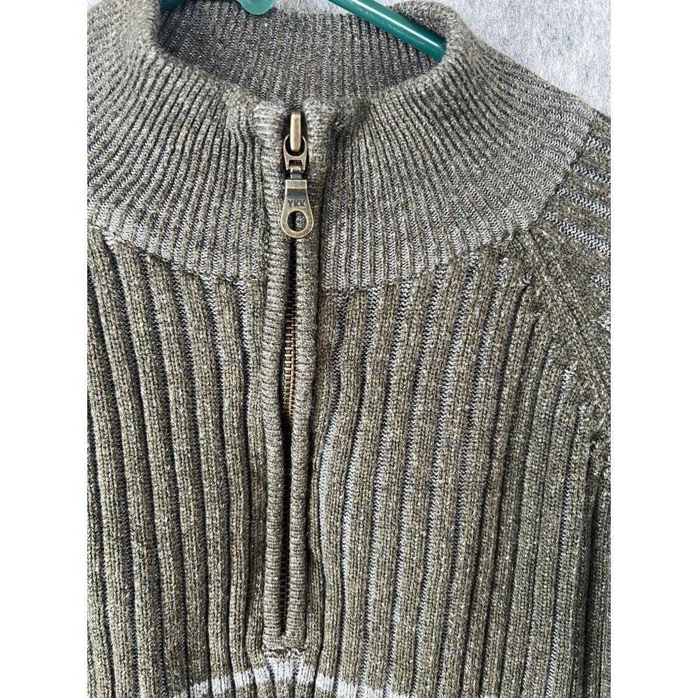 American Rag Olive Green Ribbed Half-Zip Sweater Striped Design Mens L Cotton Bl